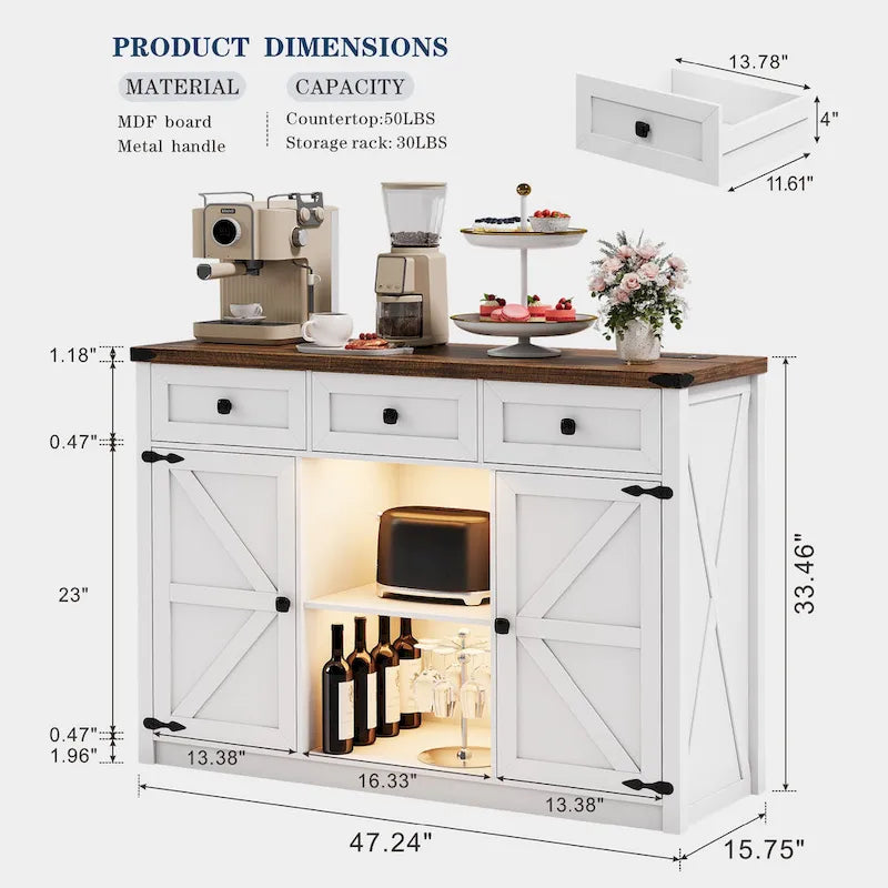 Buffet de ferme avec éclairage LED, prises USB-C et CA, tiroirs et rangements — 119 cm