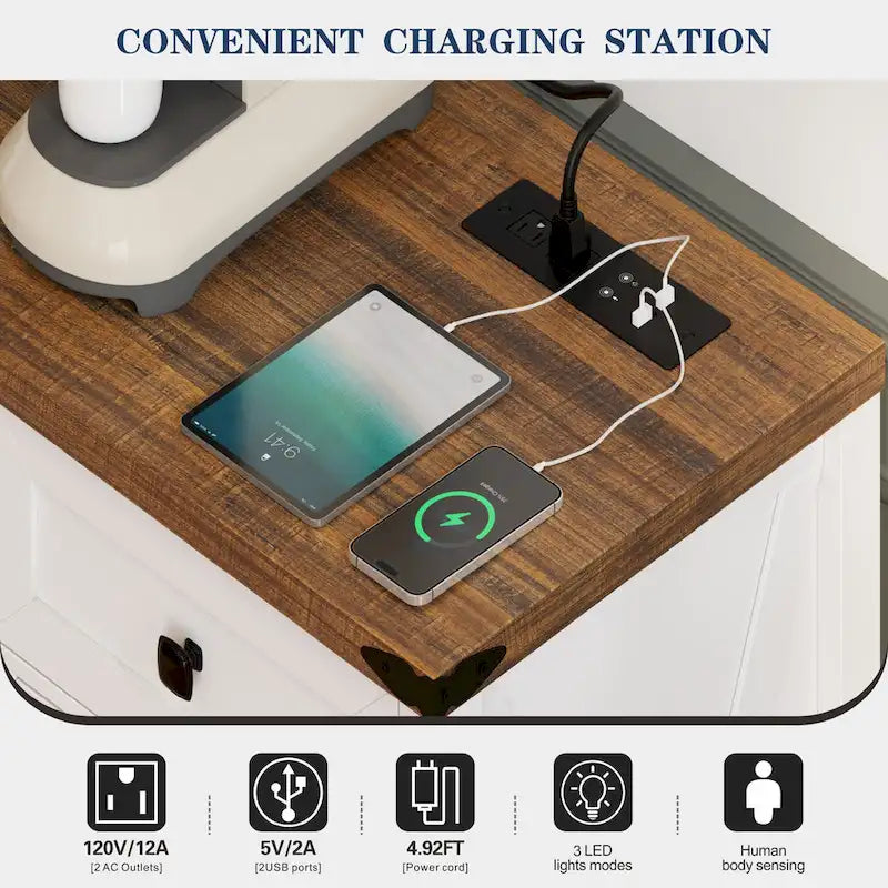 Buffet de ferme avec éclairage LED, prises USB-C et CA, tiroirs et rangements — 119 cm