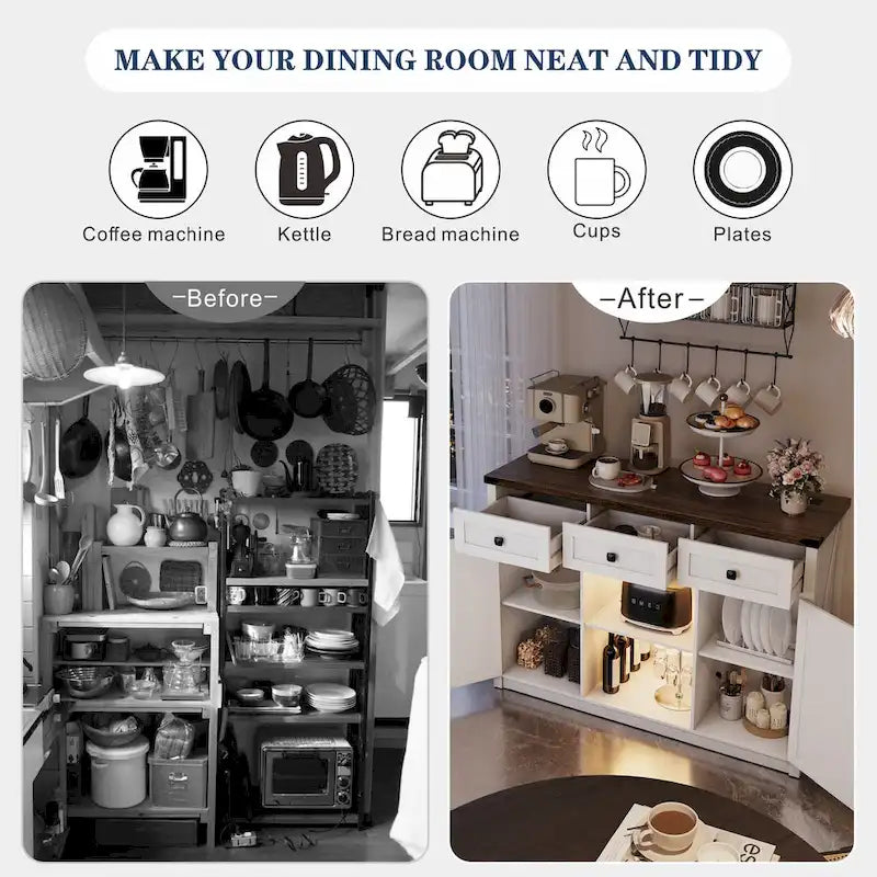 Buffet de ferme avec éclairage LED, prises USB-C et CA, tiroirs et rangements — 119 cm