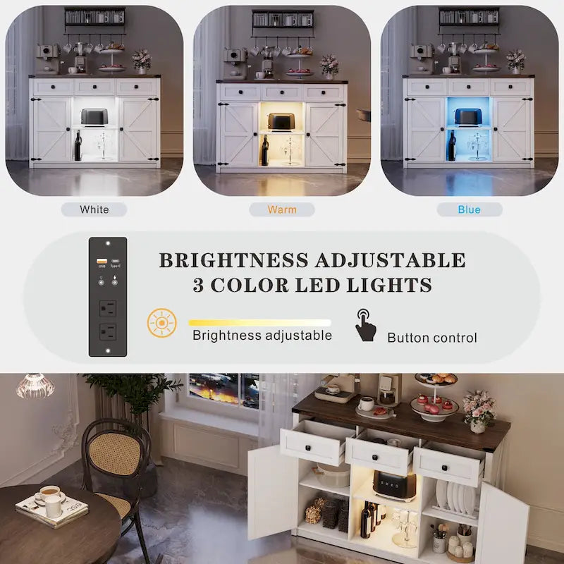 Buffet de ferme avec éclairage LED, prises USB-C et CA, tiroirs et rangements — 119 cm