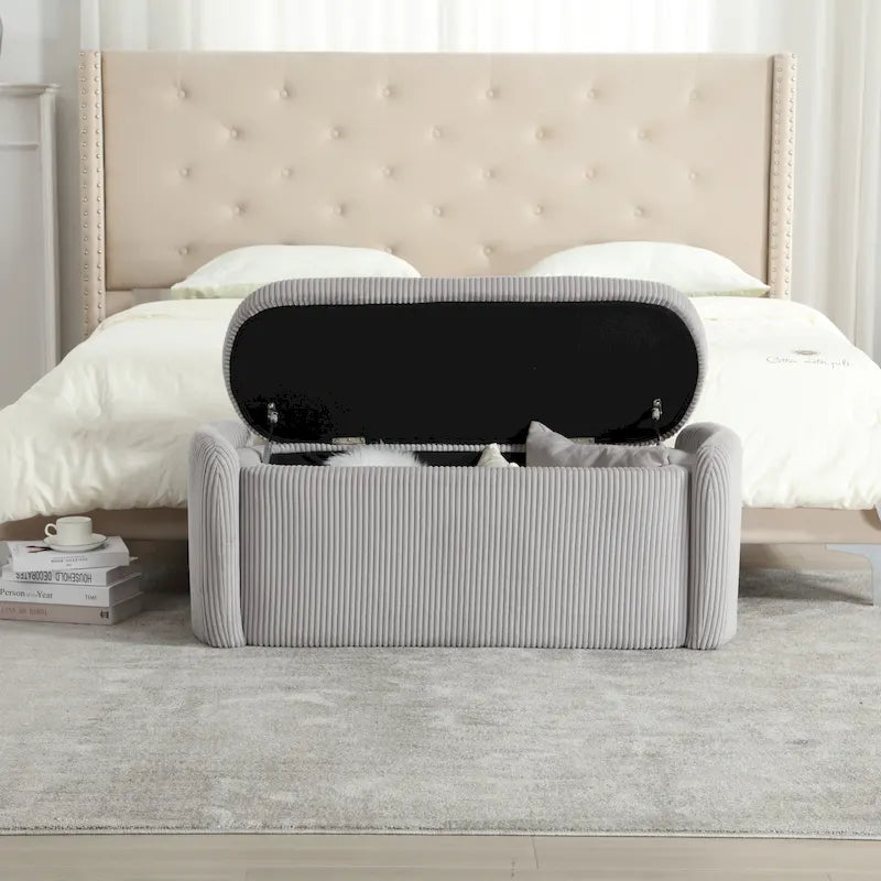 Banc coffre de rangement capitonné en velours côtelé avec charnière de sécurité