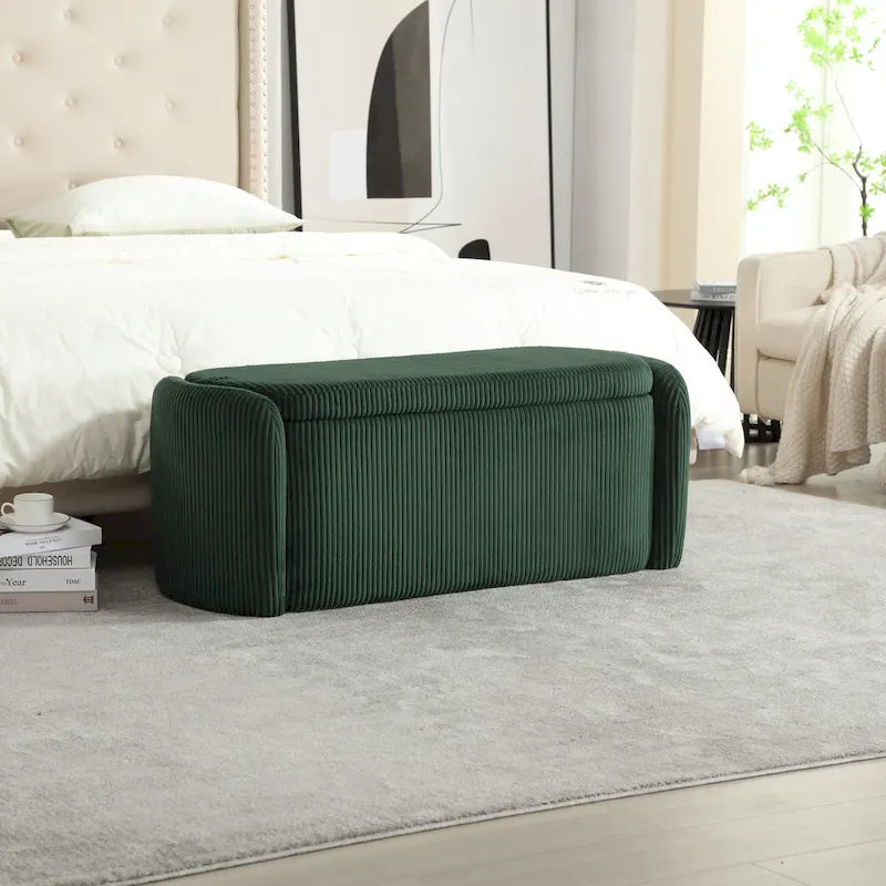 Banc coffre de rangement capitonné en velours côtelé avec charnière de sécurité