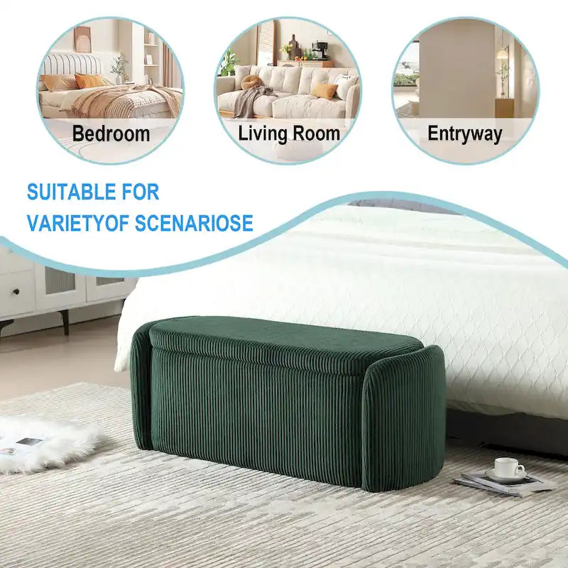 Banc coffre de rangement capitonné en velours côtelé avec charnière de sécurité