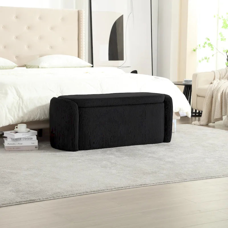 Banc coffre de rangement capitonné en velours côtelé avec charnière de sécurité