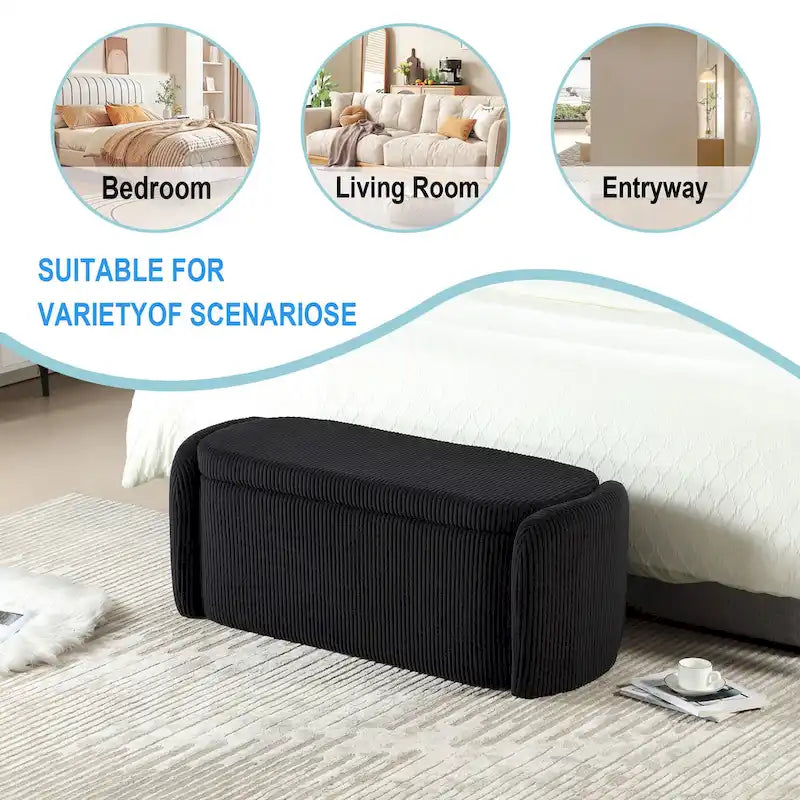Banc coffre de rangement capitonné en velours côtelé avec charnière de sécurité
