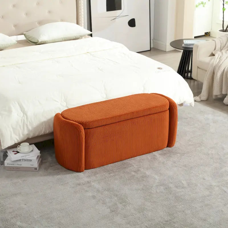 Banc coffre de rangement capitonné en velours côtelé avec charnière de sécurité