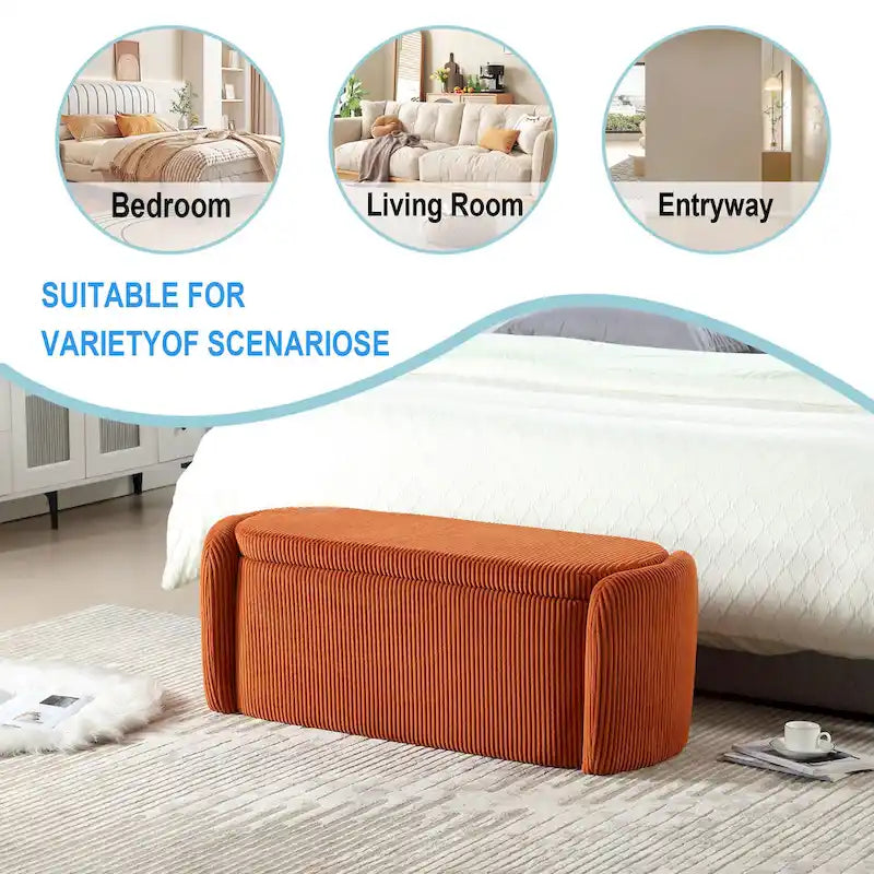 Banc coffre de rangement capitonné en velours côtelé avec charnière de sécurité