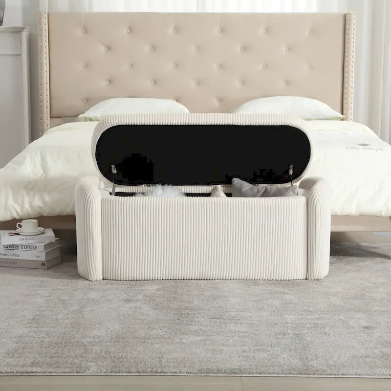 Banc coffre de rangement capitonné en velours côtelé avec charnière de sécurité