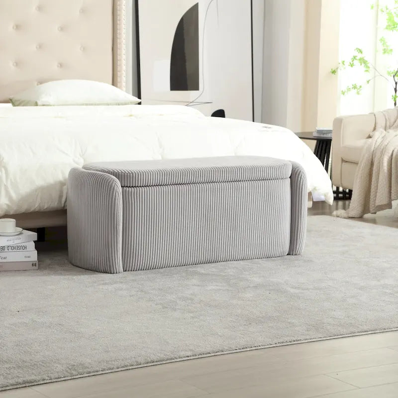 Banc coffre de rangement capitonné en velours côtelé avec charnière de sécurité