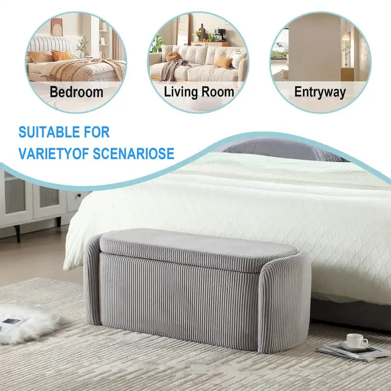 Banc coffre de rangement capitonné en velours côtelé avec charnière de sécurité