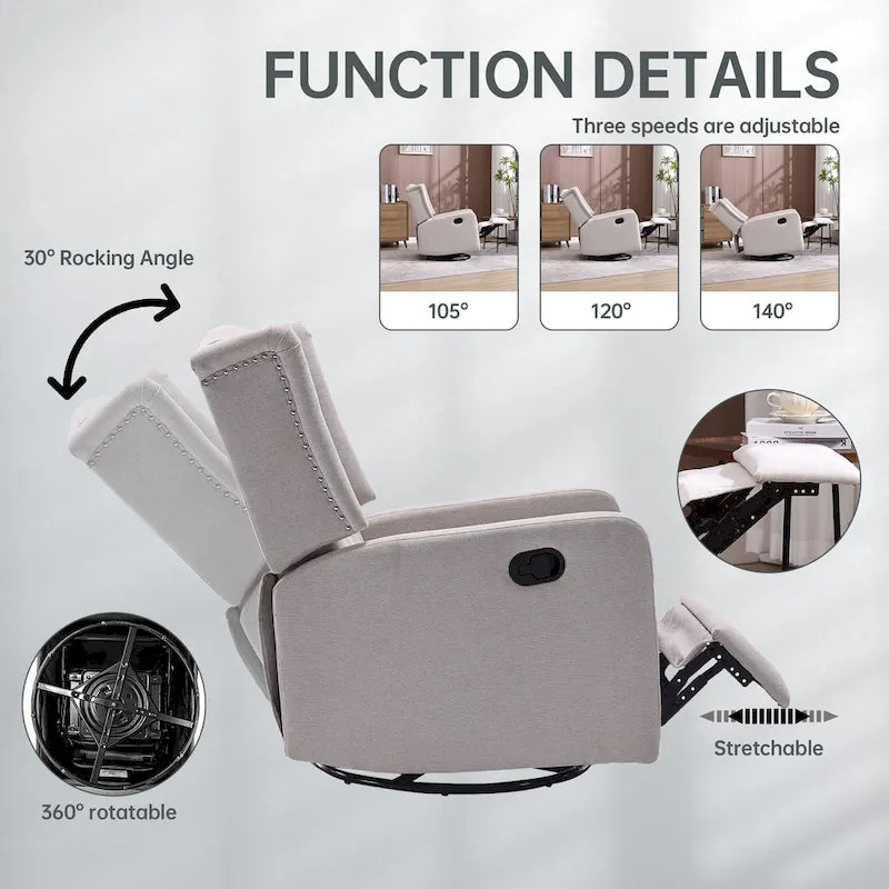 Fauteuil inclinable, pivotant et berçant multifonctionnel rembourré avec repose-pieds — Rotation à 360°, inclinaison à 3 positions