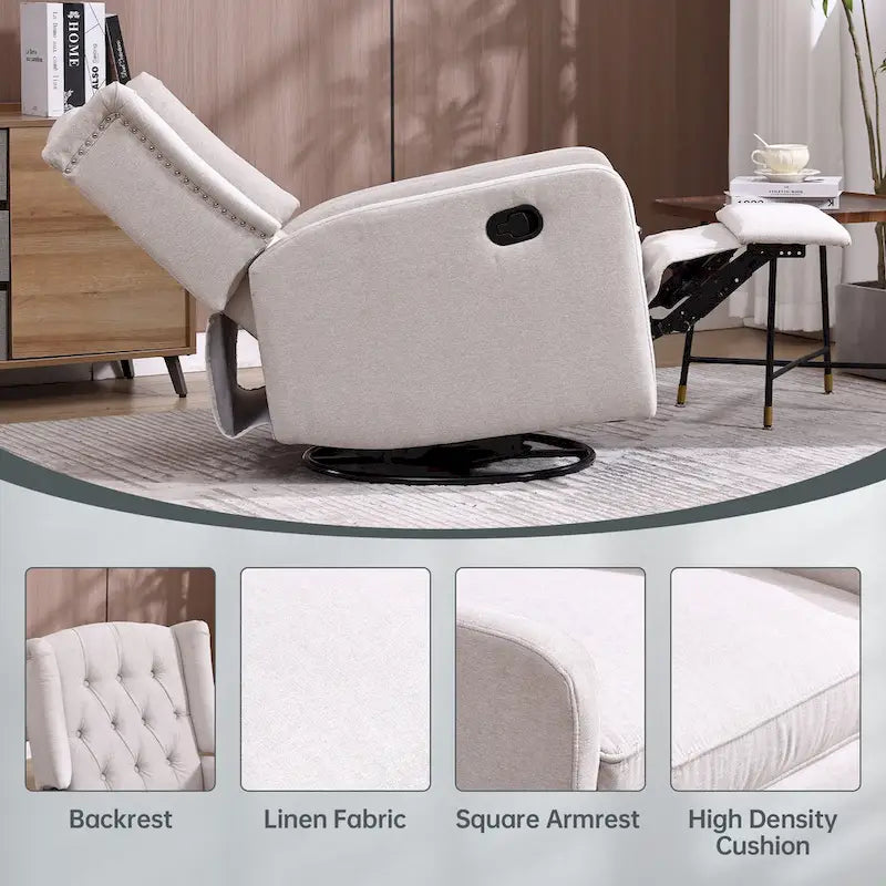 Fauteuil inclinable, pivotant et berçant multifonctionnel rembourré avec repose-pieds — Rotation à 360°, inclinaison à 3 positions