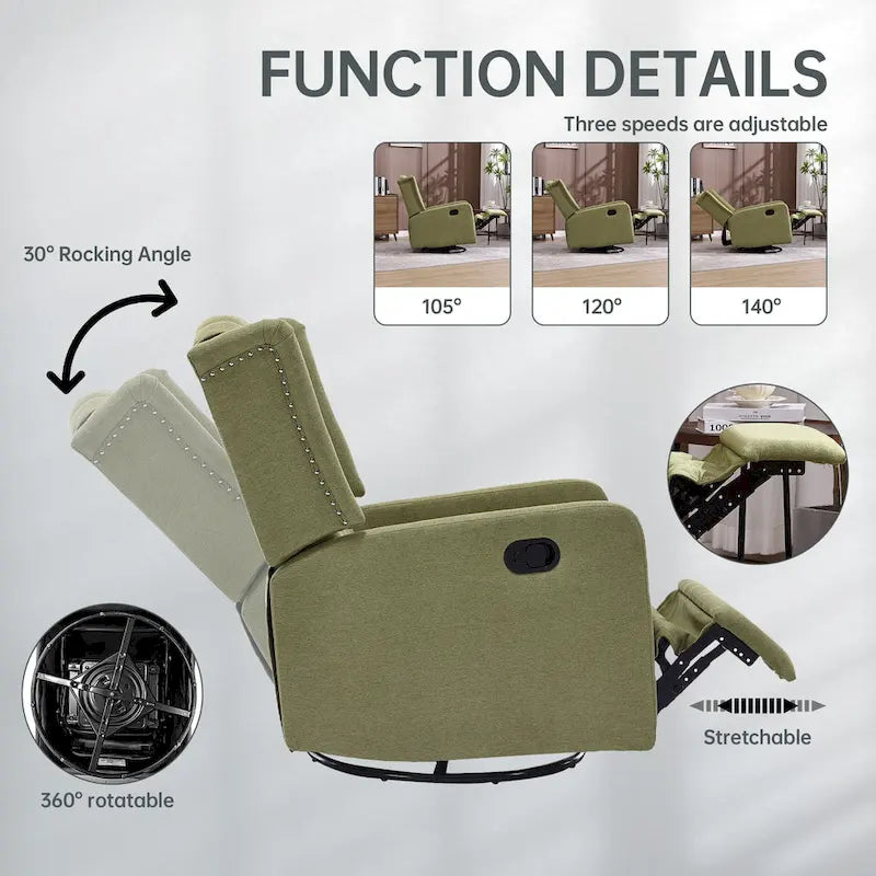 Fauteuil inclinable, pivotant et berçant multifonctionnel rembourré avec repose-pieds — Rotation à 360°, inclinaison à 3 positions