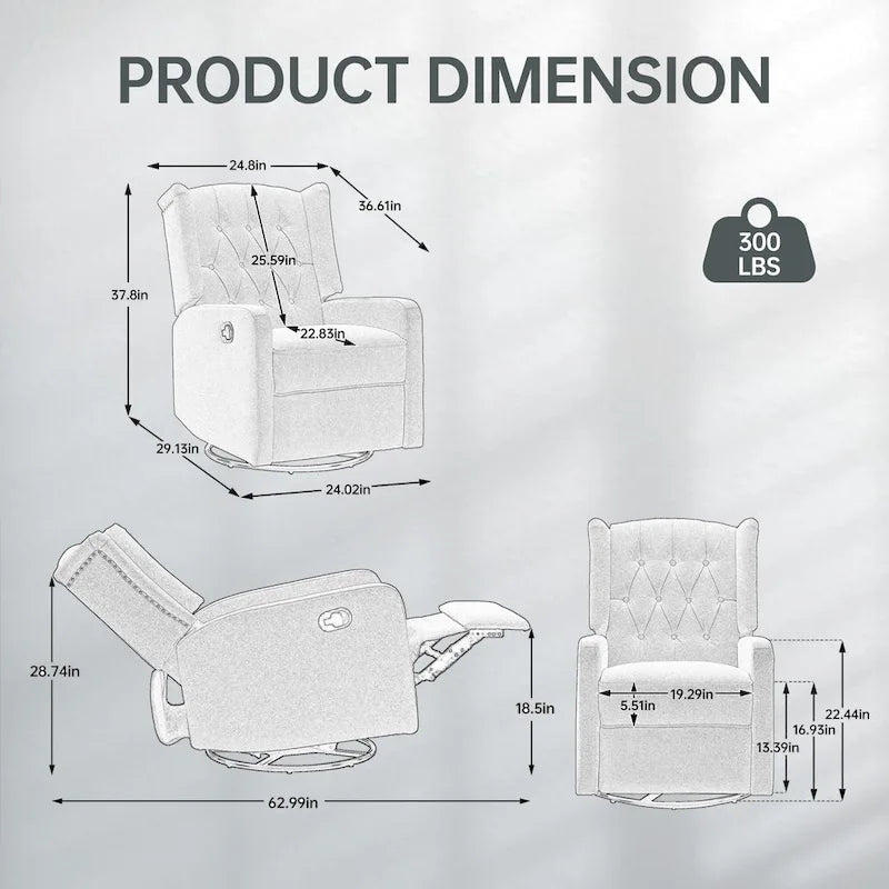 Fauteuil inclinable, pivotant et berçant multifonctionnel rembourré avec repose-pieds — Rotation à 360°, inclinaison à 3 positions
