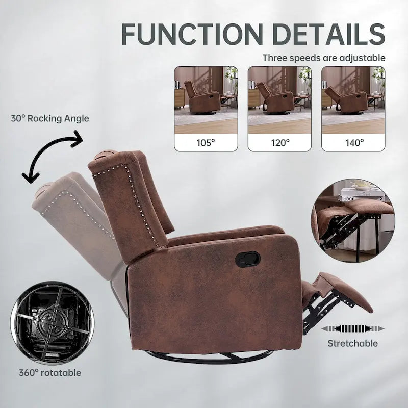 Fauteuil inclinable, pivotant et berçant multifonctionnel rembourré avec repose-pieds — Rotation à 360°, inclinaison à 3 positions