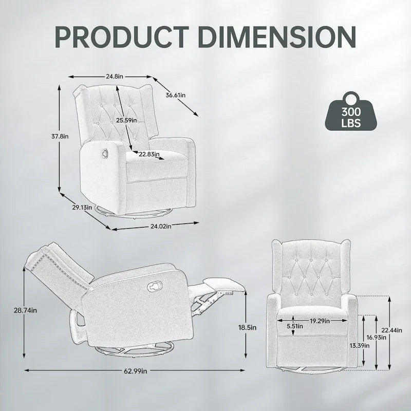 Fauteuil inclinable, pivotant et berçant multifonctionnel rembourré avec repose-pieds — Rotation à 360°, inclinaison à 3 positions