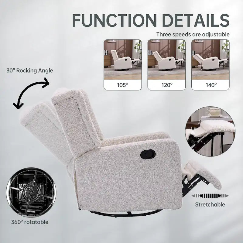 Fauteuil inclinable, pivotant et berçant multifonctionnel rembourré avec repose-pieds — Rotation à 360°, inclinaison à 3 positions