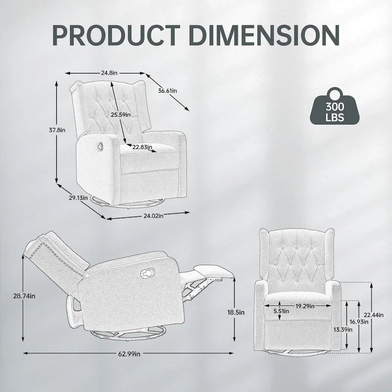 Fauteuil inclinable, pivotant et berçant multifonctionnel rembourré avec repose-pieds — Rotation à 360°, inclinaison à 3 positions