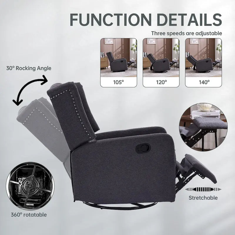 Fauteuil inclinable, pivotant et berçant multifonctionnel rembourré avec repose-pieds — Rotation à 360°, inclinaison à 3 positions