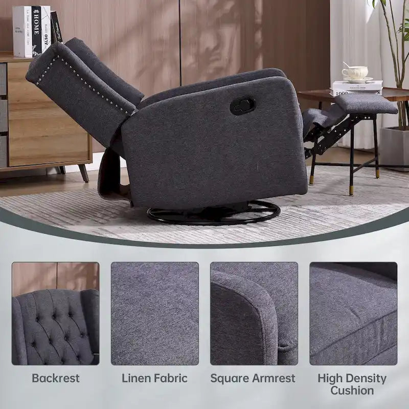 Fauteuil inclinable, pivotant et berçant multifonctionnel rembourré avec repose-pieds — Rotation à 360°, inclinaison à 3 positions