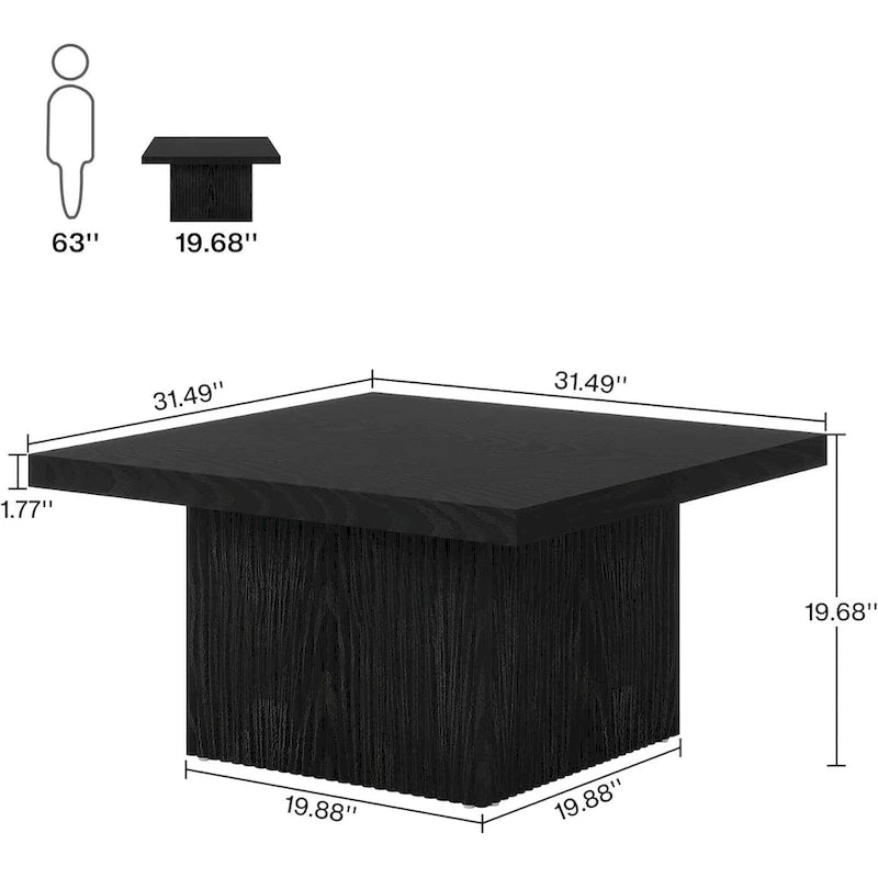 Table basse carrée de style Mid-Century Modern avec texture bois vintage et base détaillée en relief — 80 cm.