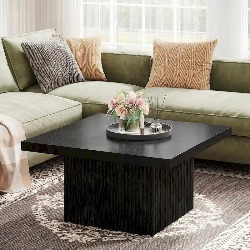 Table basse carrée de style Mid-Century Modern avec texture bois vintage et base détaillée en relief — 80 cm.
