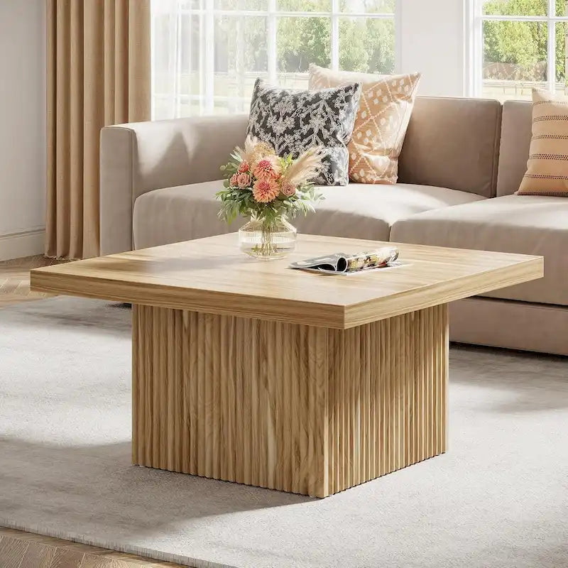 Table basse carrée de style Mid-Century Modern avec texture bois vintage et base détaillée en relief — 80 cm.