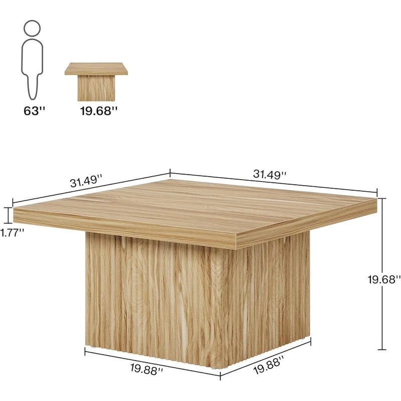 Table basse carrée de style Mid-Century Modern avec texture bois vintage et base détaillée en relief — 80 cm.