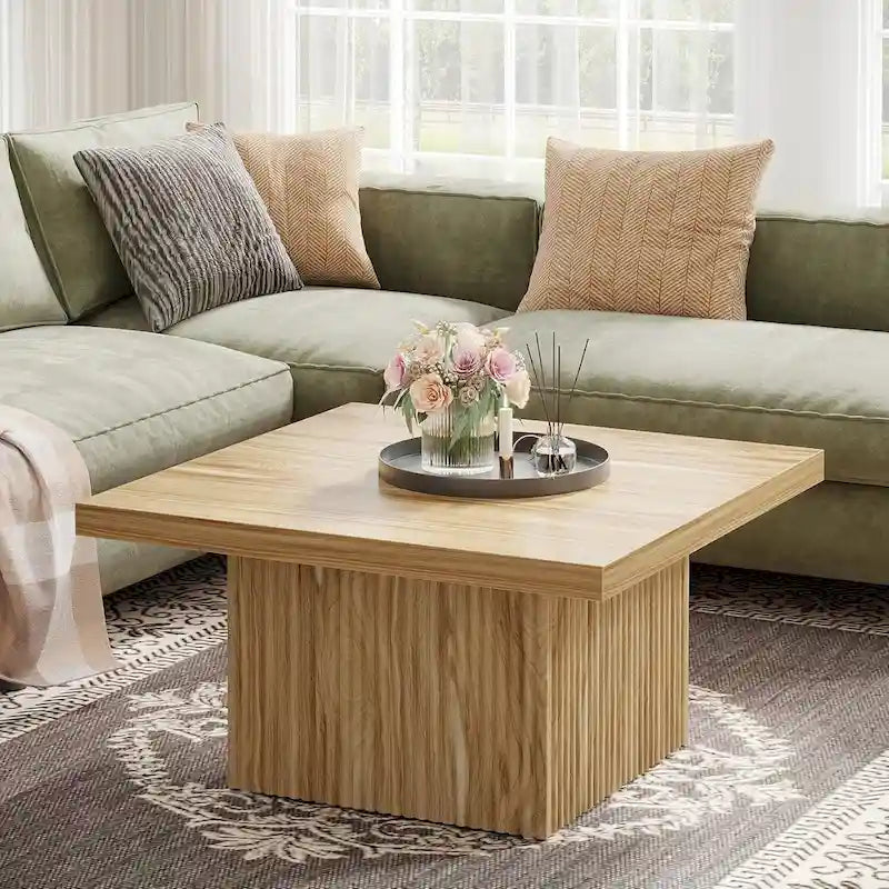 Table basse carrée de style Mid-Century Modern avec texture bois vintage et base détaillée en relief — 80 cm.