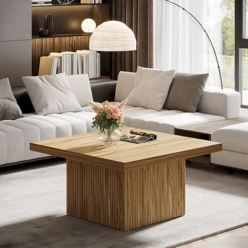 Table basse carrée de style Mid-Century Modern avec texture bois vintage et base détaillée en relief — 80 cm.