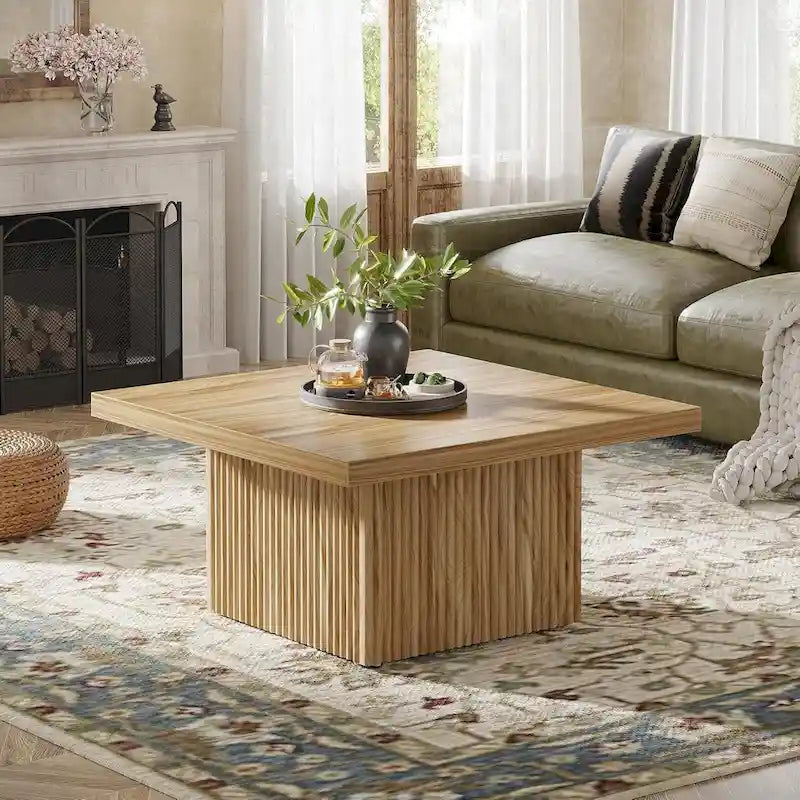 Table basse carrée de style Mid-Century Modern avec texture bois vintage et base détaillée en relief — 80 cm.