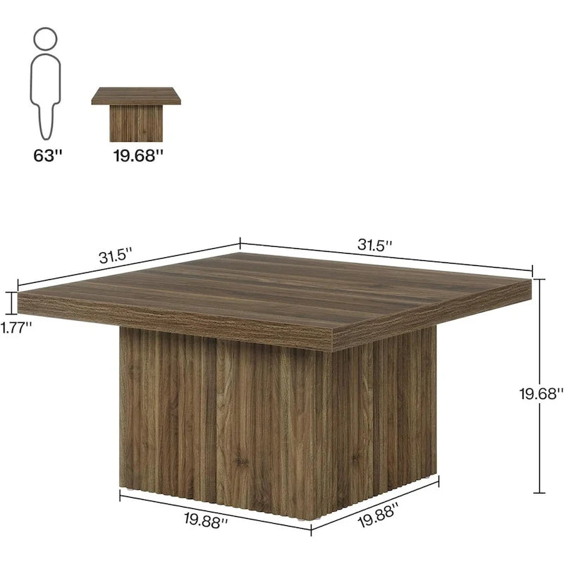 Table basse carrée de style Mid-Century Modern avec texture bois vintage et base détaillée en relief — 80 cm.