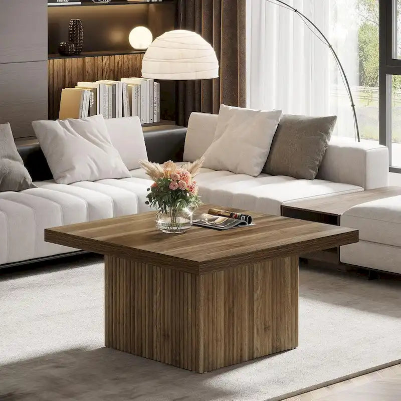 Table basse carrée de style Mid-Century Modern avec texture bois vintage et base détaillée en relief — 80 cm.