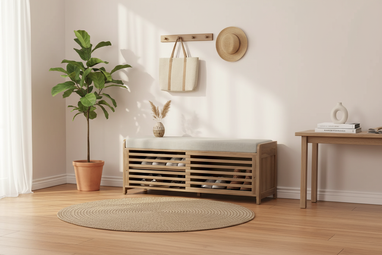 Shutter-Style Storage Bench – Wide Angle Entryway Scene